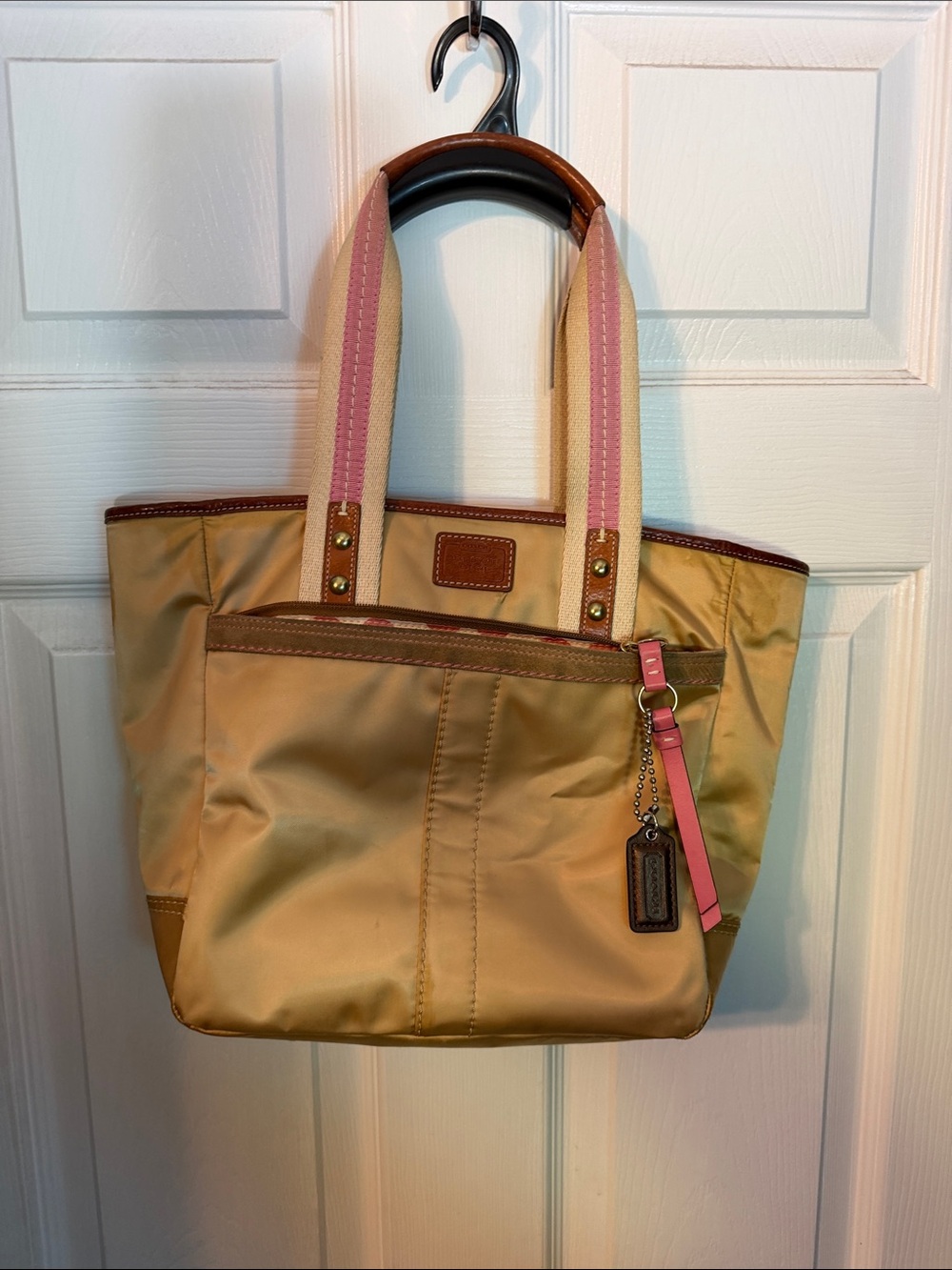 Coach Tan Nylon Tote with Pink Accent Straps